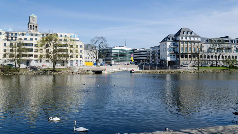 View on the new Ruhr promenade at Mülheim an der Ruhr. The new promenande is a key project of the urban development project "Ruhrbania"