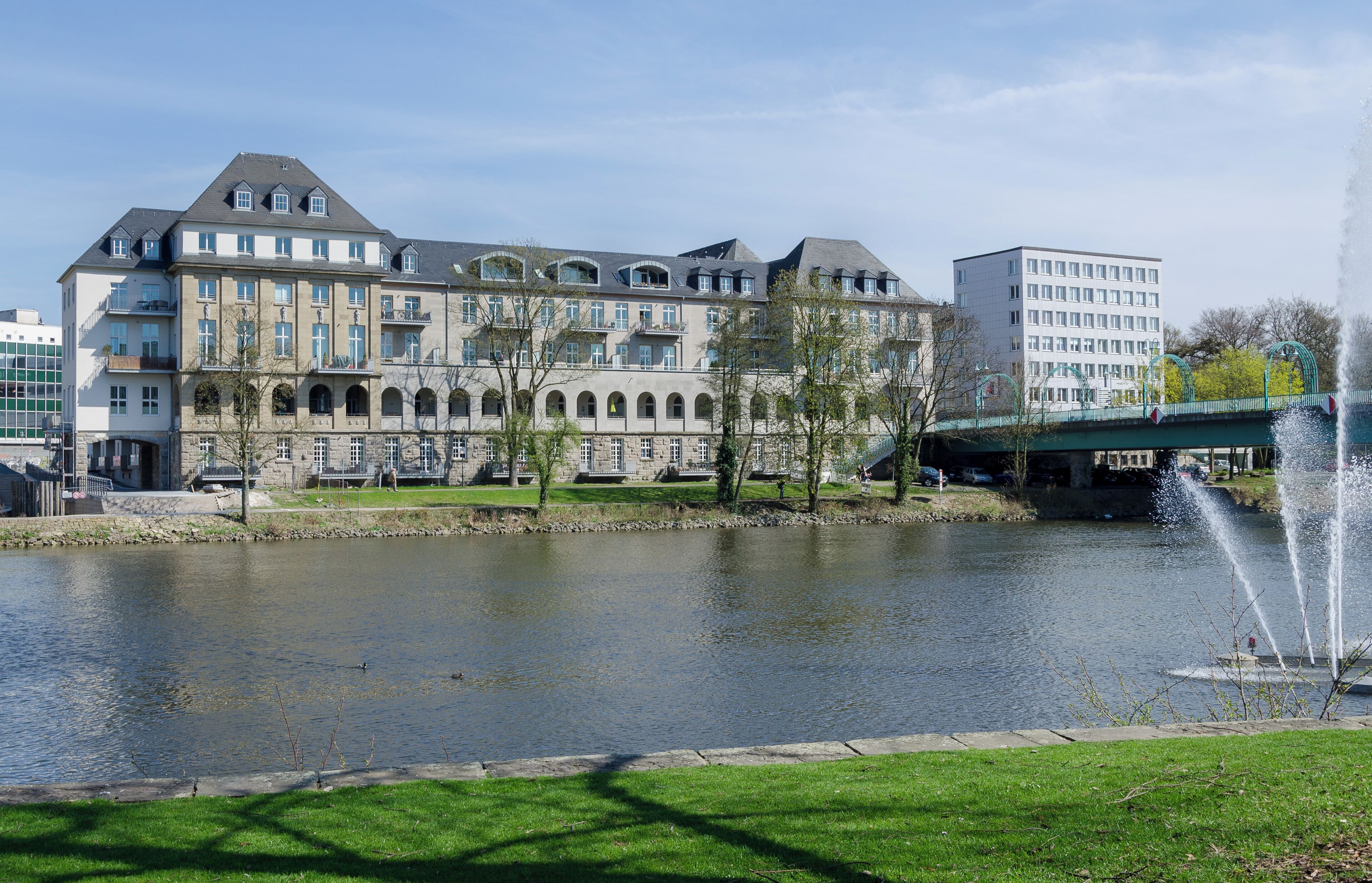 View on newly built flats inside the building of the former city swimming baths. The rebuilding is part of the city development project "Ruhrbania"