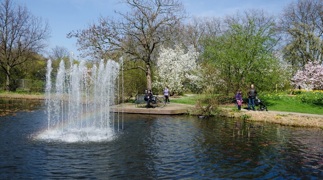Spring mood at water place in MüGa park with seating facilities around the water in Mülheim an der Ruhr