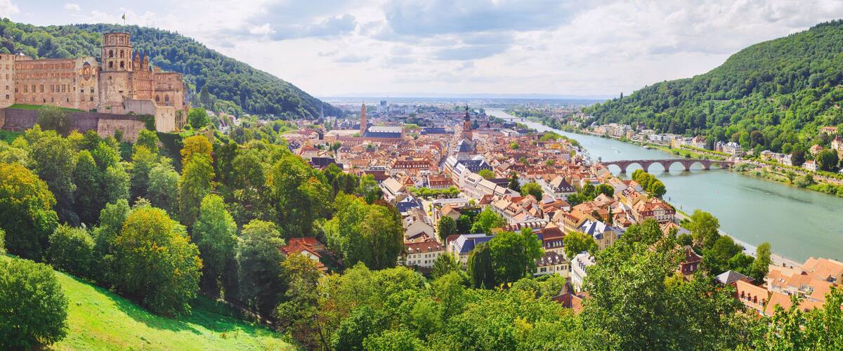 Eine historische Burg auf einem Hügel mit Blick auf einen Fluss, umgeben von üppiger Vegetation und einer Stadt mit roten Dächern.