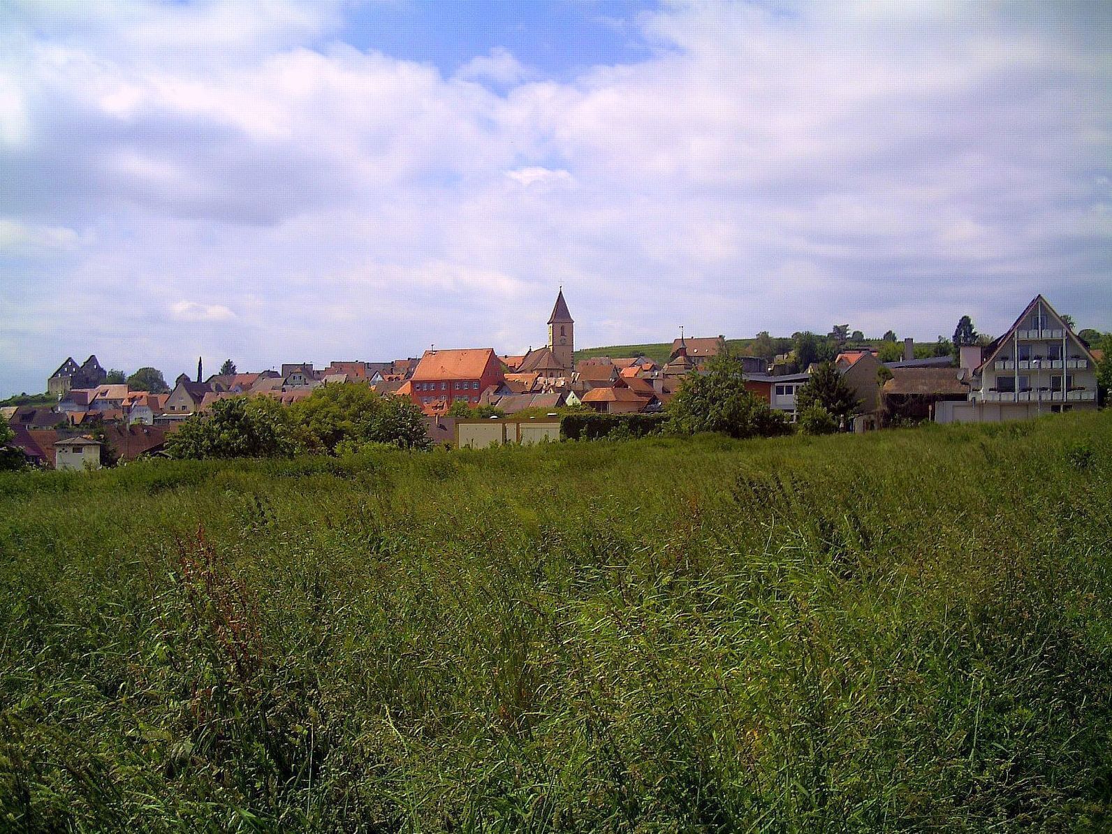 A rural village with a prominent church tower, surrounded by houses and fields.