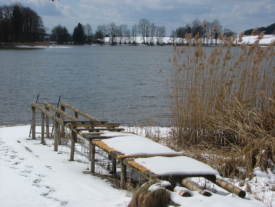 Un banco de madera con nieve, un lago helado y árboles desnudos al fondo.