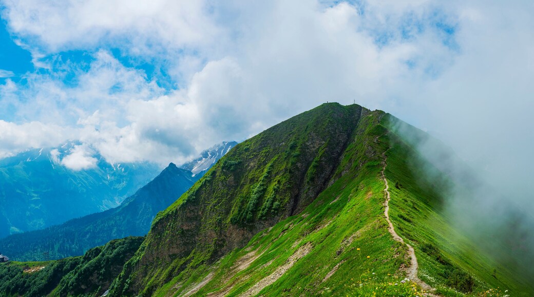 A mountain landscape with a clear sky, a winding path, and distant snow-capped peaks.