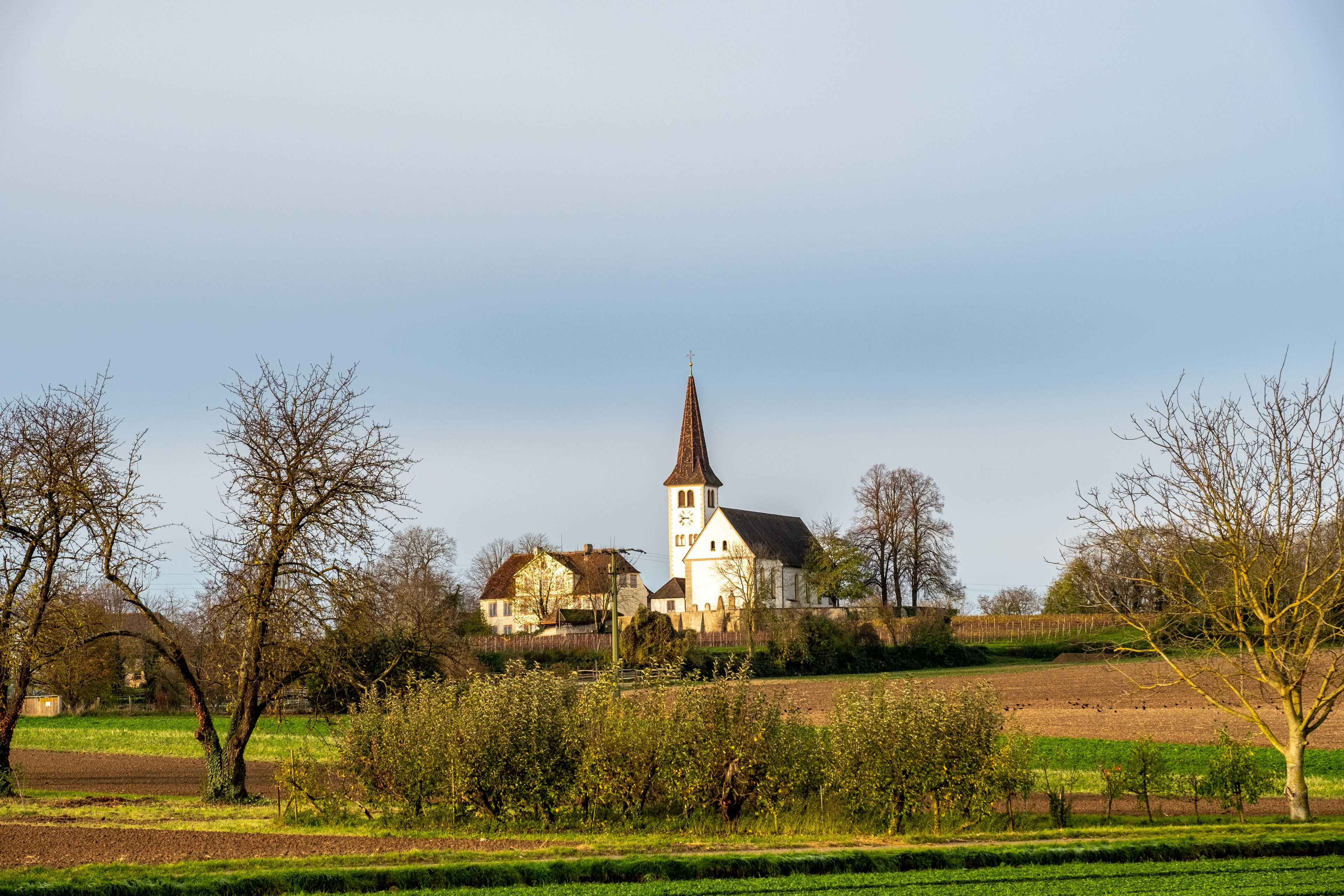 A church with a tall steeple, surrounded by fields and trees.