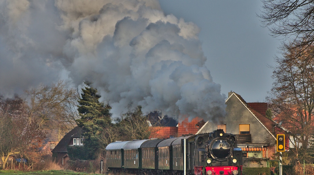 Vintage train "Jan Harpstedt" pulled by steam locomotive #2 of the railroad club "Delmenhorst-Harpstedter Eisenbahnfreunde" (DHEF; built by Krupp in 1955) is exiting the neigborhood at Heiligenrode station Heiligenrode on a Christmas tour from Heiligenrode to Harpstedt.