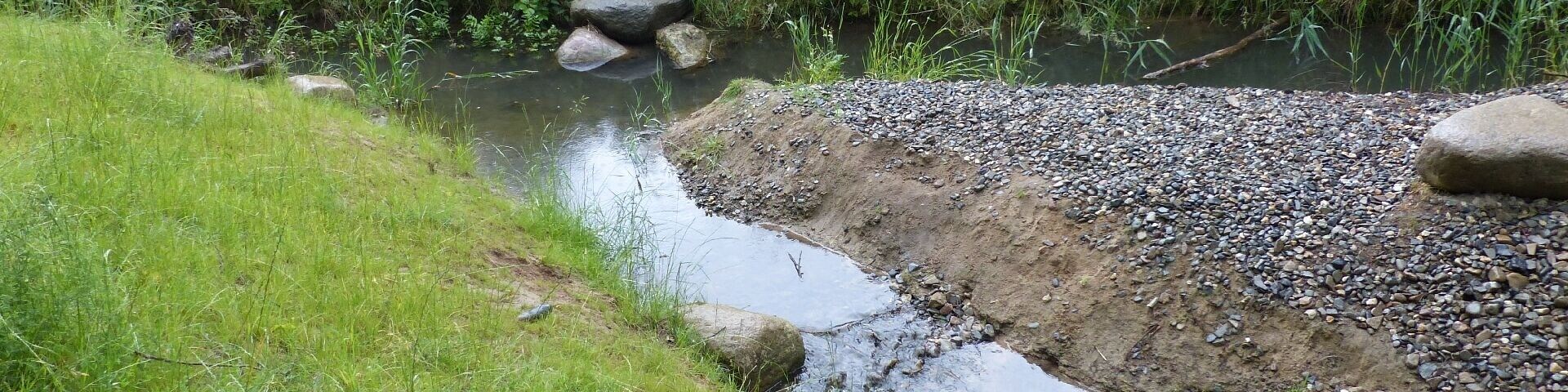 Abzweig vom nach rechts fließenden Springbach mit Kiesschüttung, Blickrichtung Süden.