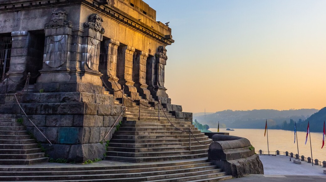 View on river moselle and river rhine from monument of Kaiser Wilhelm I (Emperor William), Deutsches Eck (German Corner) in Koblenz, Germany