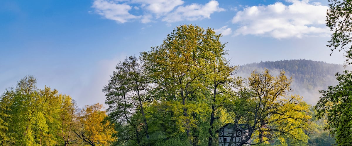 A serene lake with reflections of trees and a traditional house.