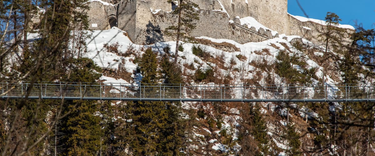 Un castillo cubierto de nieve en una colina, con árboles en primer plano y un cielo azul despejado.