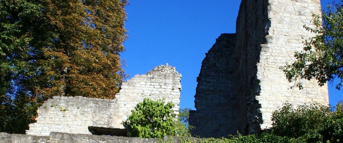 view from the moat to the shield wall at castle Hofen, Stuttgart-Hofen, Germany