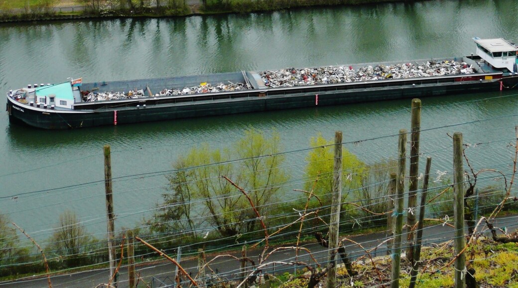 Schiff mit Metallschrott auf dem Neckar, im Hintergrund Müllverbrennung Münster