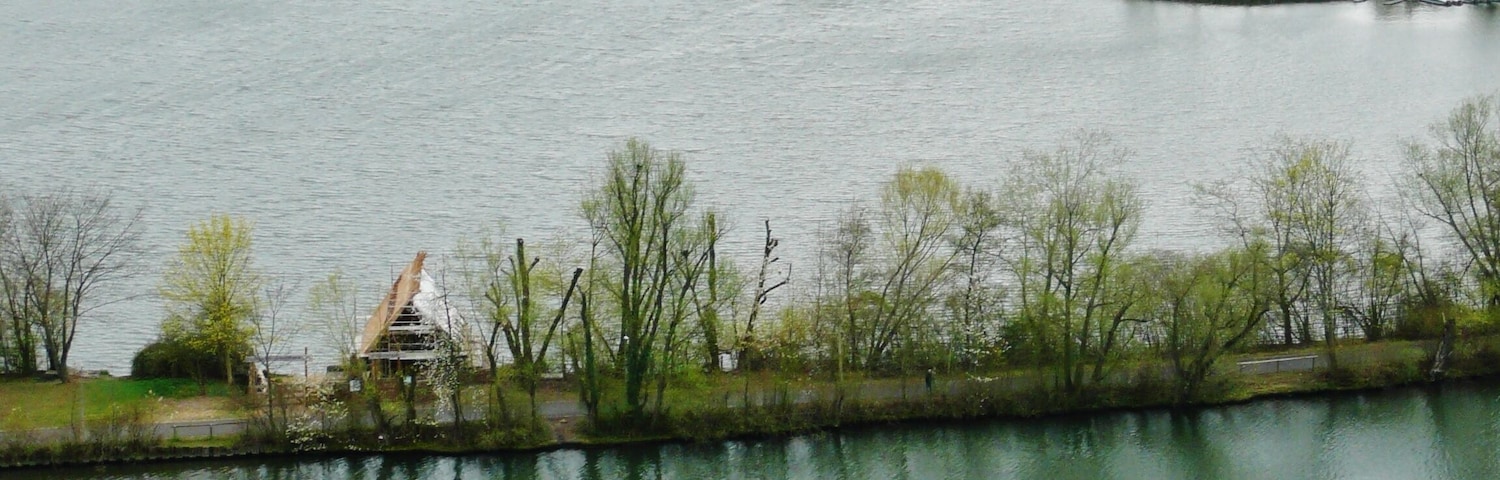 Schiff mit Metallschrott auf dem Neckar, im Hintergrund Müllverbrennung Münster
