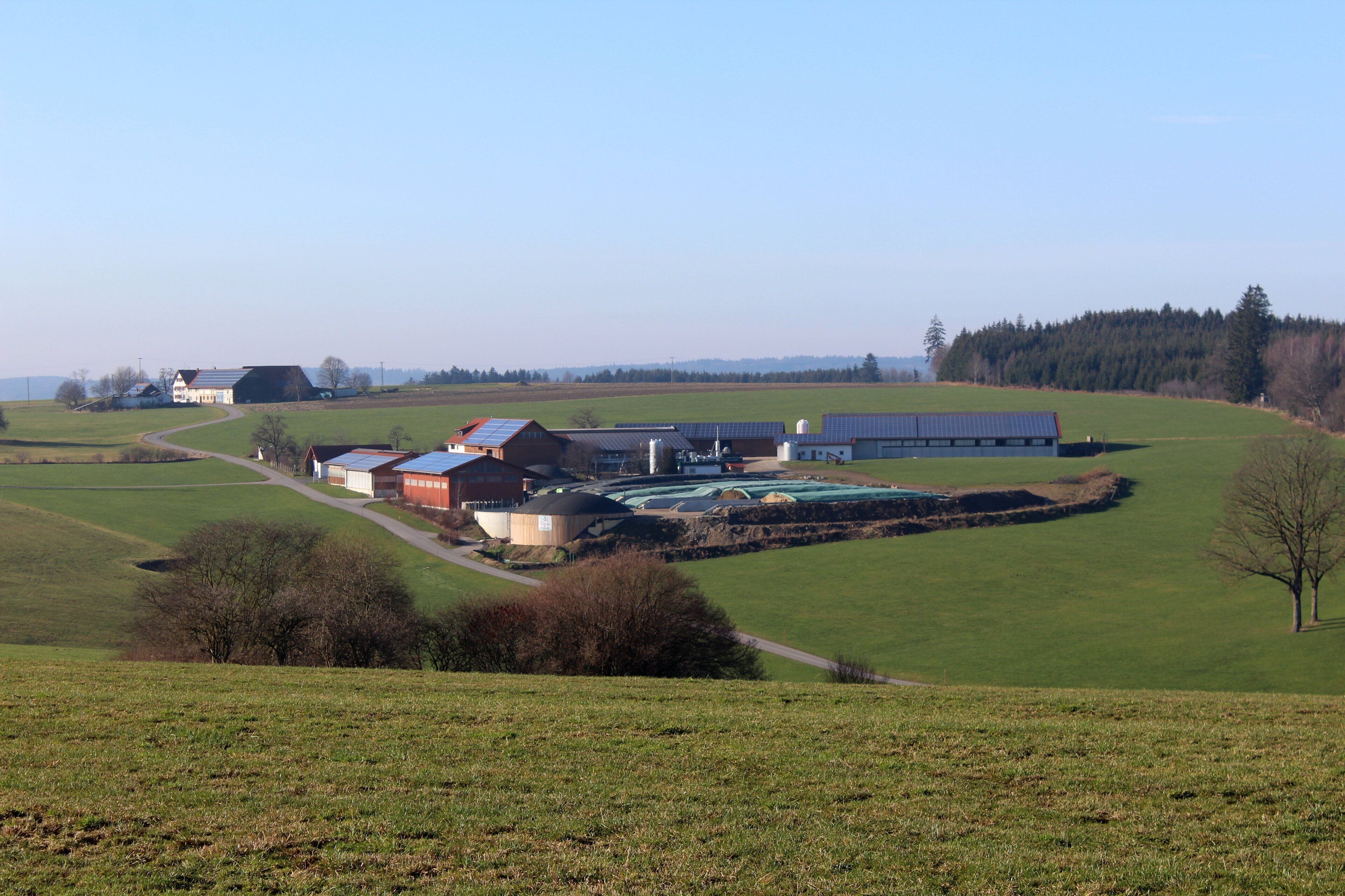 A rural landscape with green fields, a winding road, and several farm buildings.