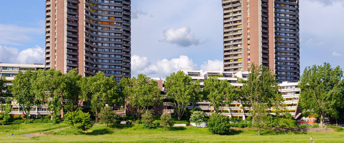 Mannheim, Germany. April 30th, 2010. Residential skyscrapers along the Nackar River in the Neckarstadt-West district.
