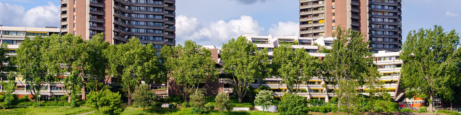 Mannheim, Germany. April 30th, 2010. Residential skyscrapers along the Nackar River in the Neckarstadt-West district.