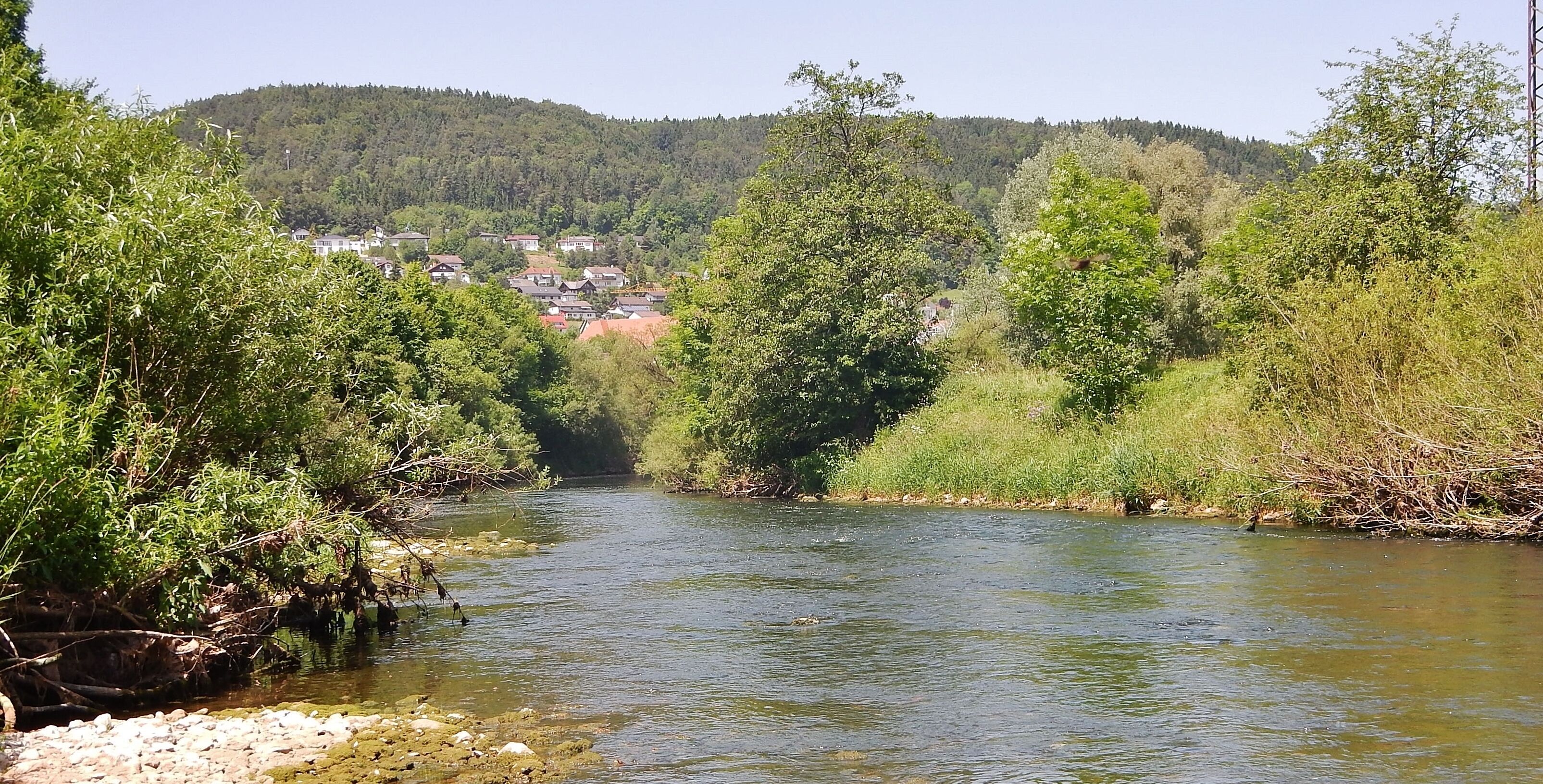 A river flowing through a valley with dense greenery on both sides and a small village in the distance.