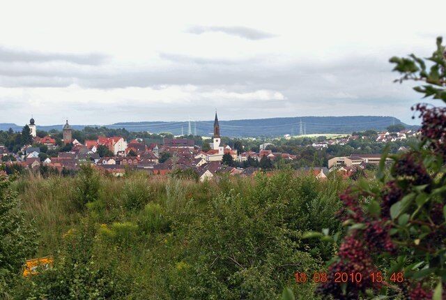 A town with a prominent church steeple, surrounded by greenery and a cloudy sky.