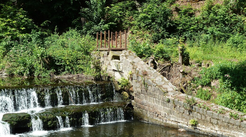 Picture shows the former inlet and an abandoned floodgate of the mill race from river Weisseritz to the nearby roller mill. The installation will be taken away in November 2017. After the floods of 2002 and 2013 the river bank gets hard-armoured with large rocks for preventing erosion when the river becomes a torrent and for maintaining the flood conveyance capability in the V-shaped valley. When further existing, the inlet would spoil the coherence of the river bank.