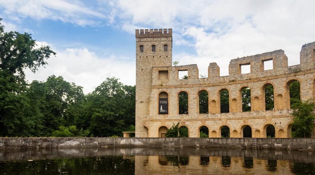 Jägervorstadt showing building ruins, heritage architecture and a pond