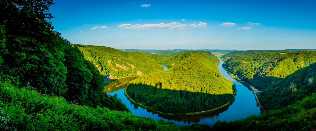 Ein Fluss schlängelt sich durch ein Tal, umgeben von dichten Wäldern und Hügeln.