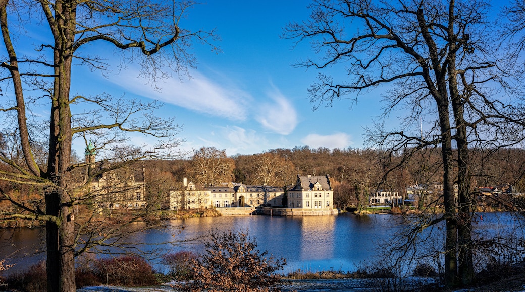 A historic building by a lake with bare trees and a clear sky.