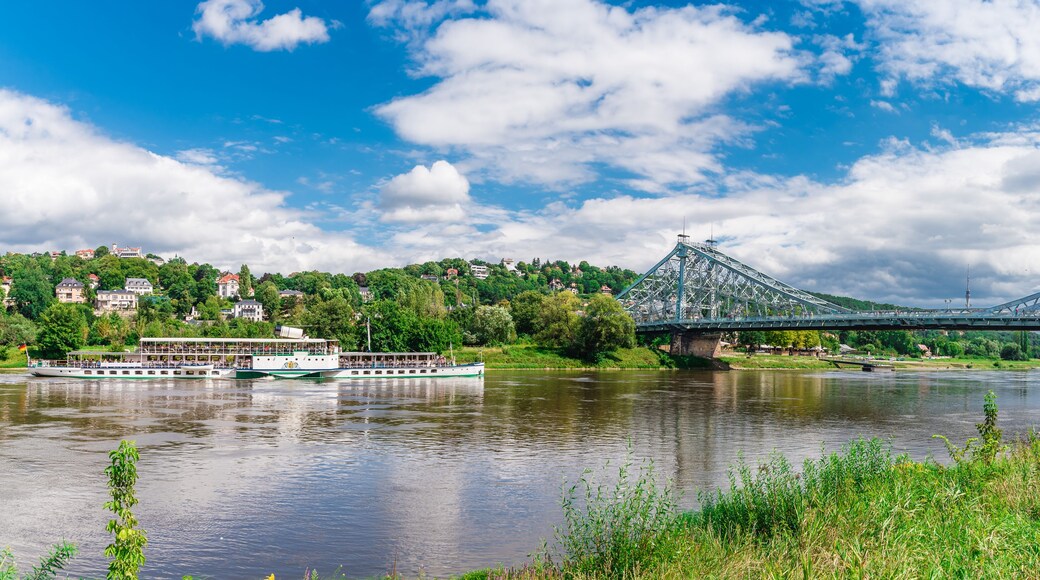 A river with a boat, a bridge, and a hill with houses.