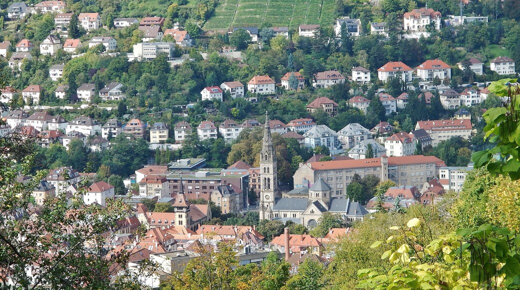 Blick über Heslach, z. B. Ev. Matthäuskirche bis zur Hasenbergsteige