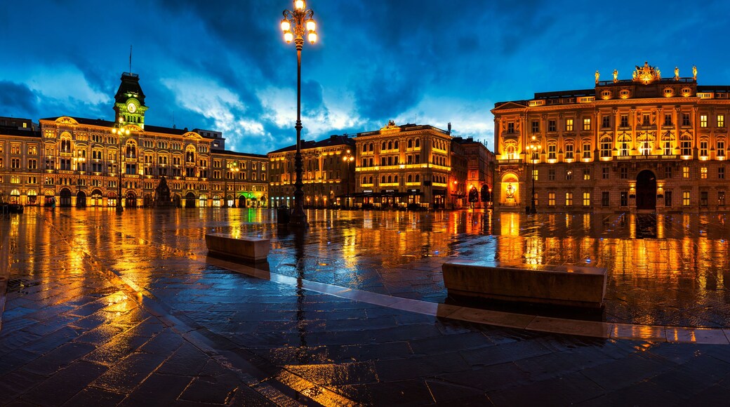 A historic square with ornate buildings, a prominent clock tower, and a reflective water surface.