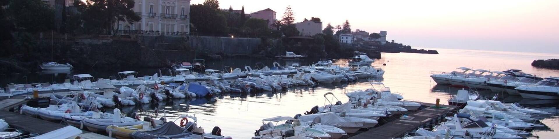 A marina with numerous boats docked at wooden piers.