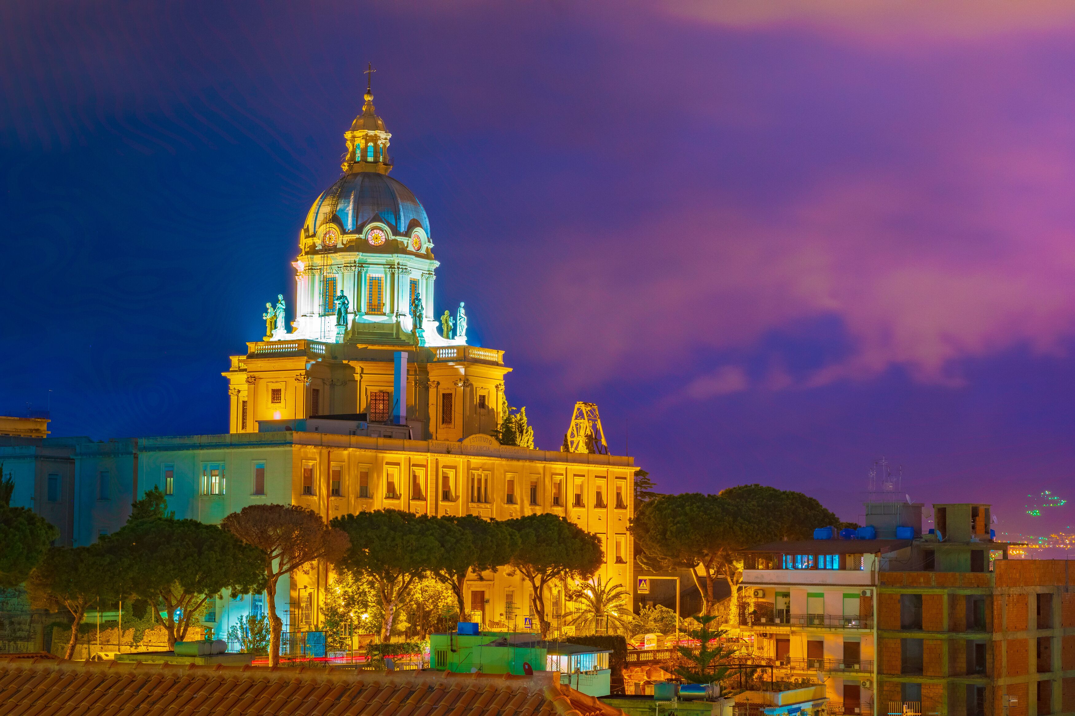 Messina Sicily Italy. Church of Cristo Re at night.