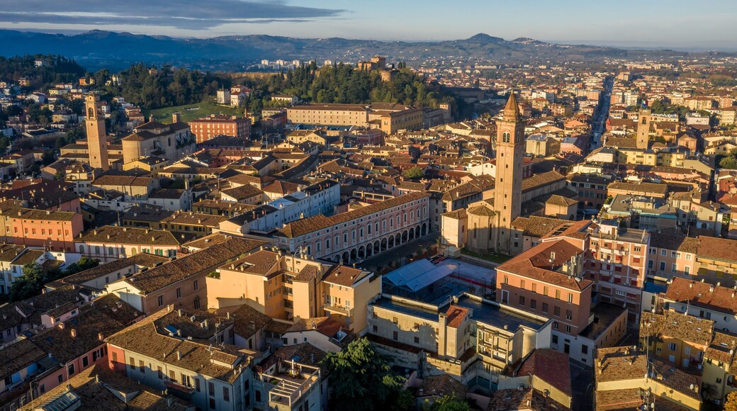 Morning aerial panorama of Cesena in Emilia Romagna Italy near Forli and Rimini, with medieval Malatestiana castle, Piazza del Popolo and Roman Catholic churches and cathedral