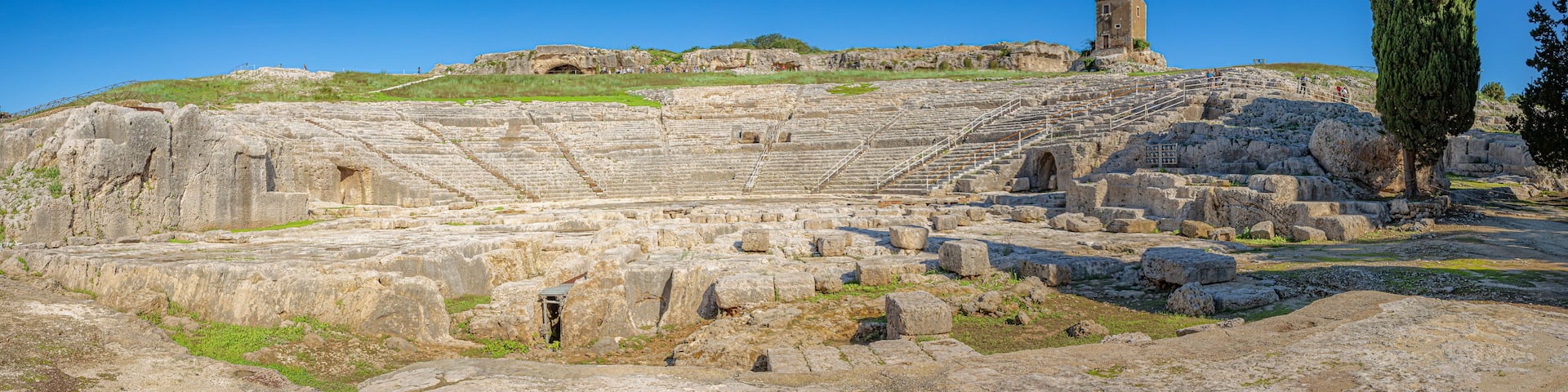 Panorama View of the Greek Theater il Teatro Greco at the Parco Archeologico della Neapolis, Viale Paradiso, Syracuse, Sicily, Italy - UNESCO World Heritage