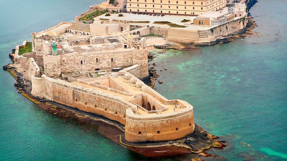 Aerial view of Maniace fortress in Ortigia, Syracuse Sicily