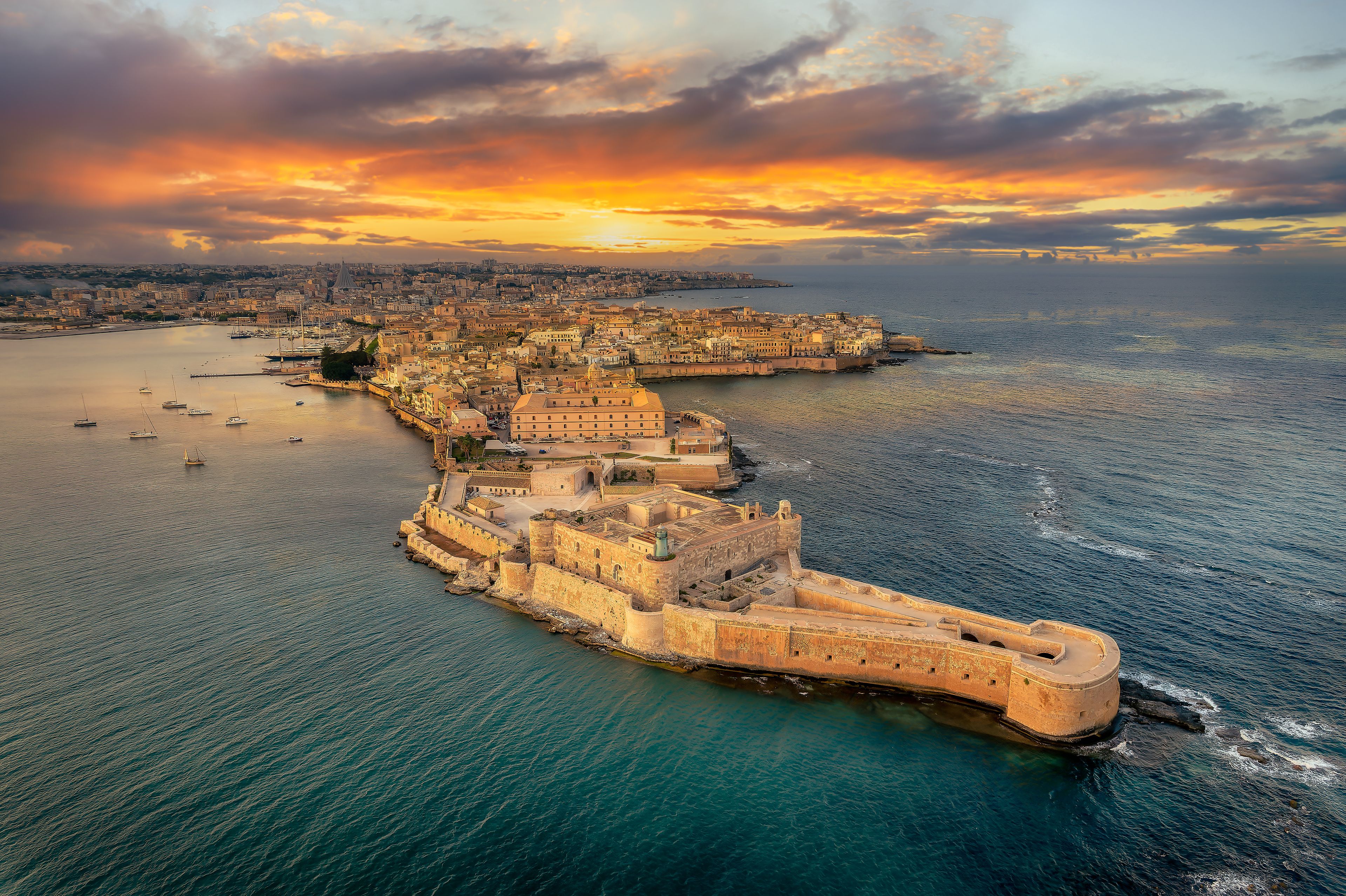 Landscape with Syracuse at sunset, Sicily islands, Italy
