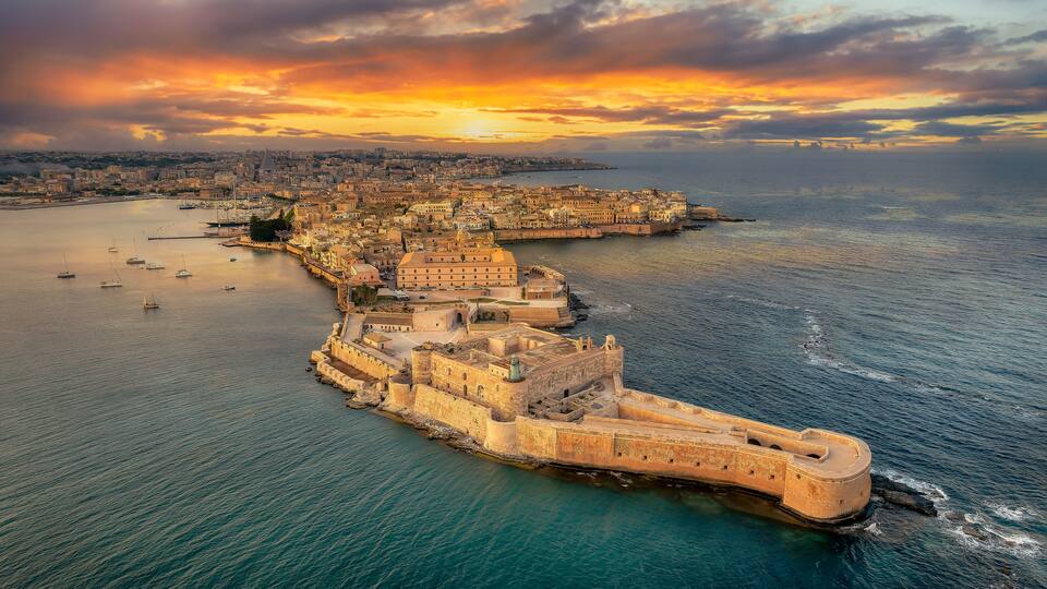 Landscape with Syracuse at sunset, Sicily islands, Italy