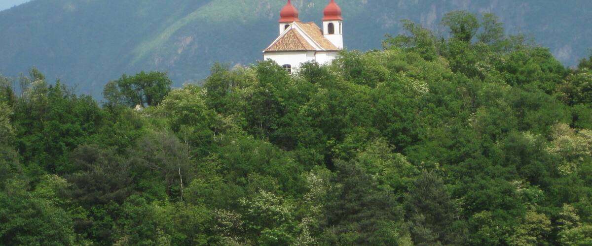 A church with red domes surrounded by lush green trees and mountains in the background.