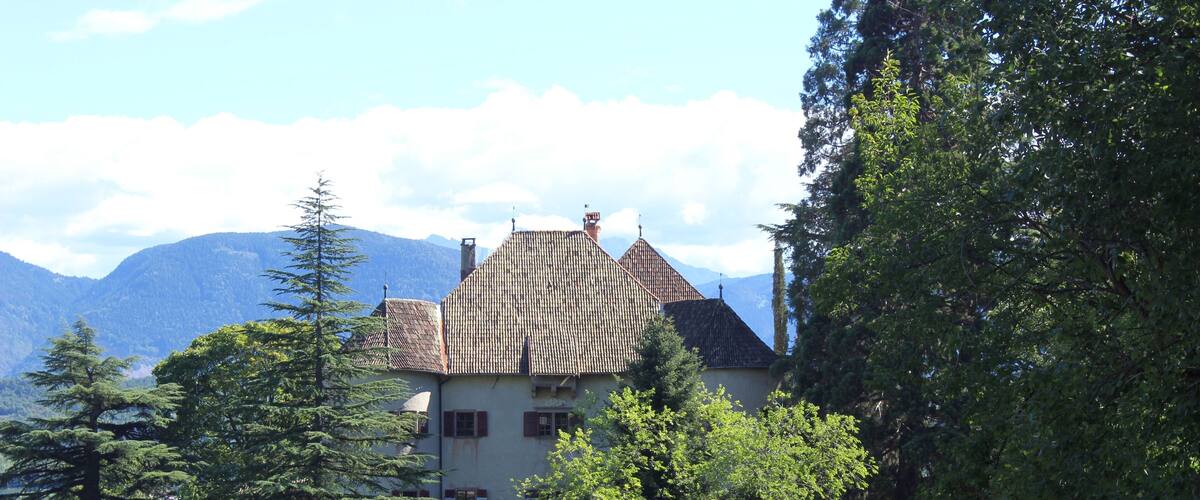 A mountain house surrounded by trees and a clear sky.