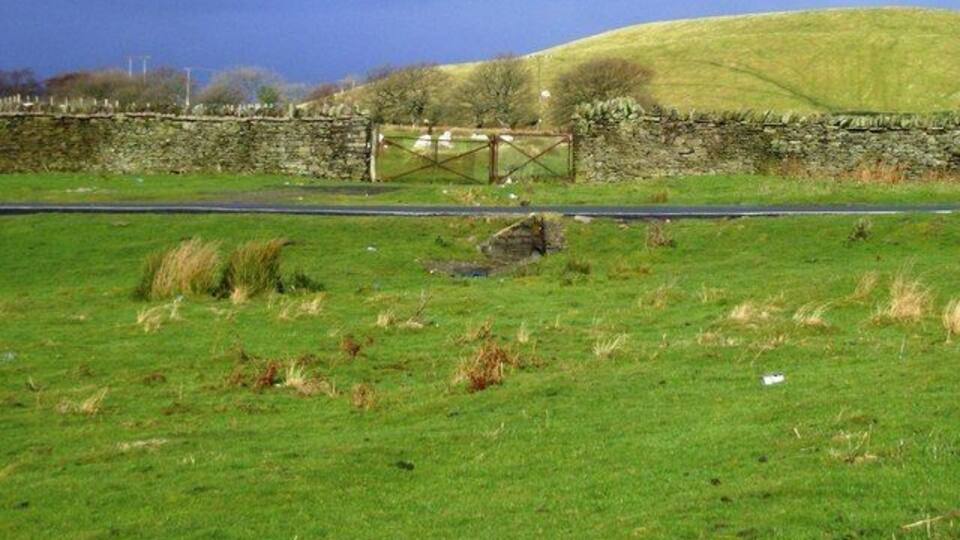 Edge of the common Looking north, on the far side of the road across the common there are enclosed fields again. The hill beyond is difficult to locate accurately; it is an old mine spoil heap.