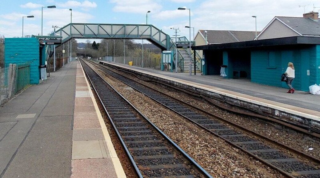 Pengam railway station buildings. Passenger facilities are few here. There is a smallish shelter and a ticket counter on platform 1 and a much smaller shelter on the platform on the camera side.
