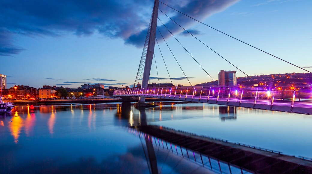 A cable-stayed bridge at dusk with illuminated railings reflecting on the water.