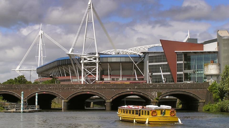 Cardiff Waterbus Princess Royal approaching the landing stage at Taffs Mead Embankment in Cardiff.