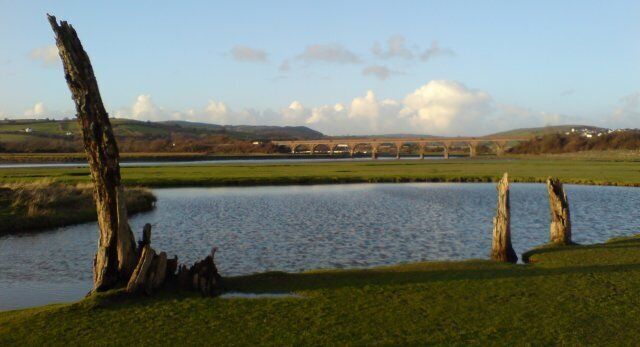 Loughor Estuary A small pool near the Loughor estuary, with a rail viaduct in the distance.
