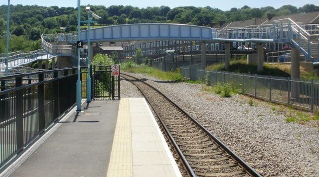 The view south from Newbridge railway station. The single-track railway line is crossed by the Calzaghe bridge opened in September 2009.