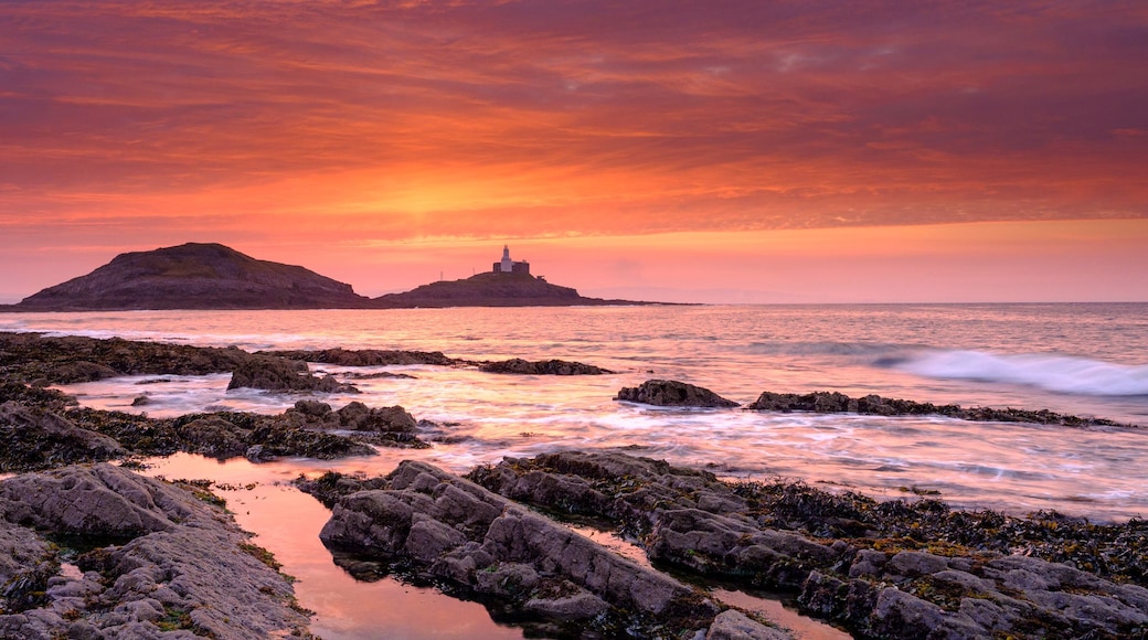 Una costa rocosa con olas rompiendo contra las rocas, un atardecer con colores vibrantes y un faro en una pequeña isla distante.
