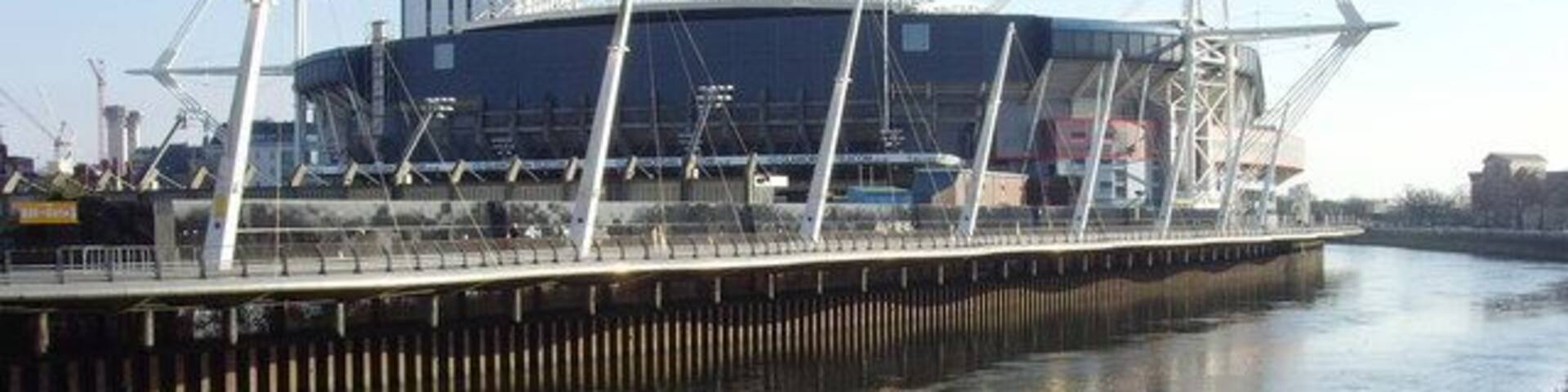 Cardiff Millennium Stadium from Canton Bridge View of the River Taff, Cardiff Millennium Stadium and behind the stadium the BT tower.