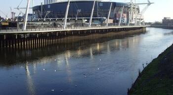 Cardiff Millennium Stadium from Canton Bridge View of the River Taff, Cardiff Millennium Stadium and behind the stadium the BT tower.