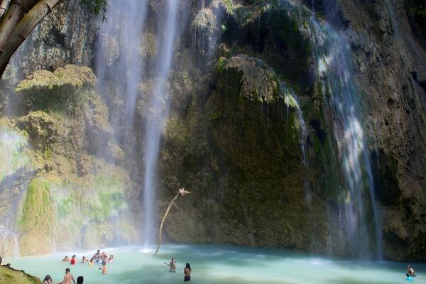 Ein Wasserfall stürzt in ein klares Becken, umgeben von steinigen Klippen und Bambus.