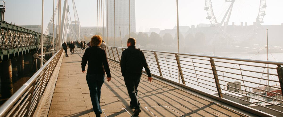 Golden Jubilee Bridges showing a bridge and a sunset as well as a couple