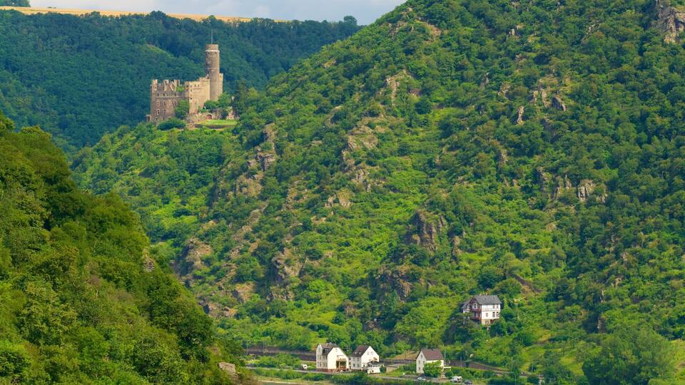A castle on a hill, surrounded by lush greenery and a small village at its base.