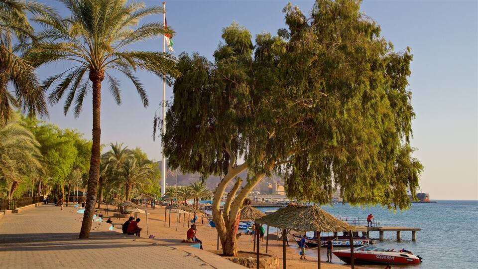 A beach with palm trees, a thatched-roof hut, and a red speedboat.